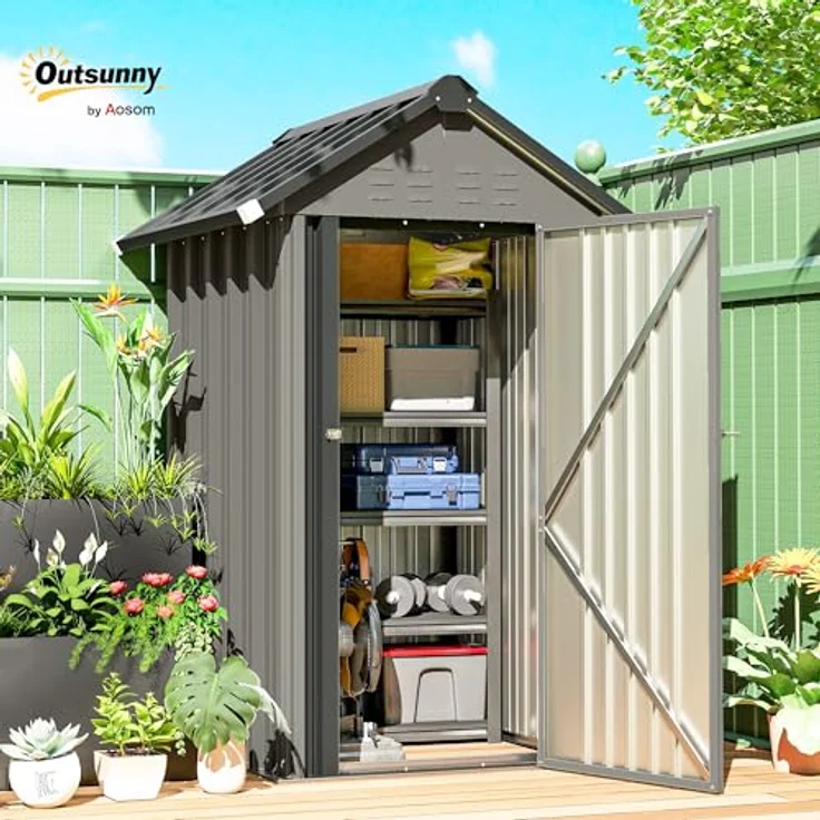 Outsunny Metall Gerätehaus 1,17 m², Geräteschuppen mit Satteldach und Lüftung, hellgrau – Bild 2