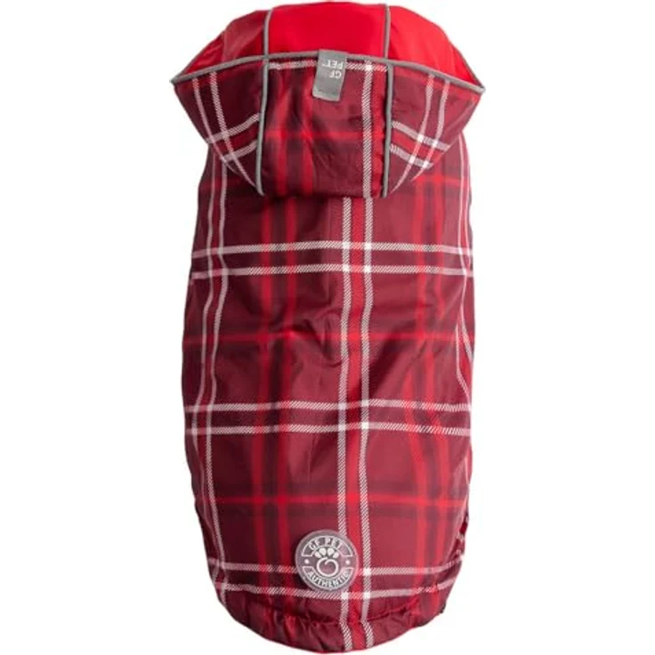 GF Pet Hunderegenmantel Elasto-Fit Wendemantel für Hunde wasserdichte Kapuzenjacke - Rot Plaid - Klein – Bild 3