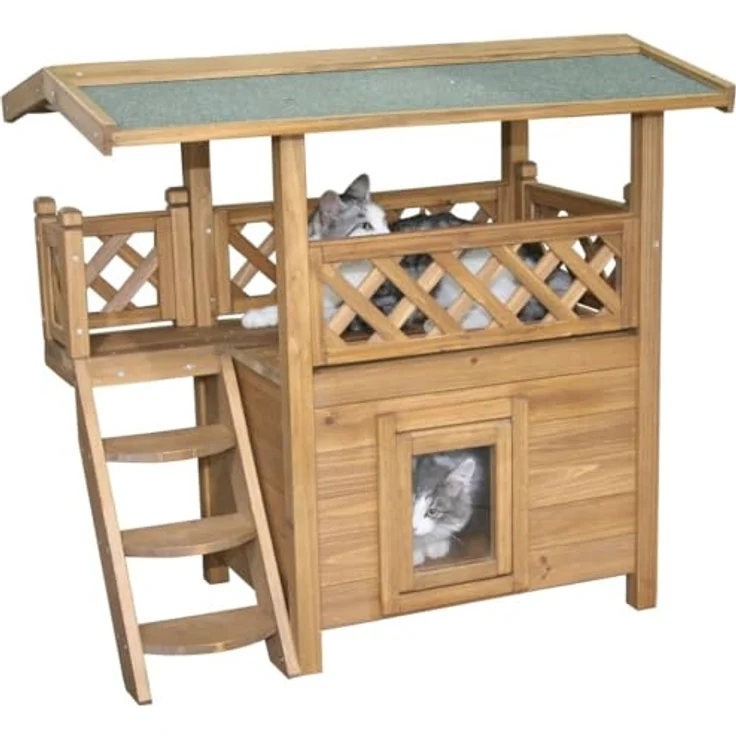 Kerbl Katzenhaus Lodge, 2-stöckig mit wetterfestem Bitumendach und Schwingtüre, 77 cm x 50 cm x 73 cm, lasierte Spießtanne – Bild 3