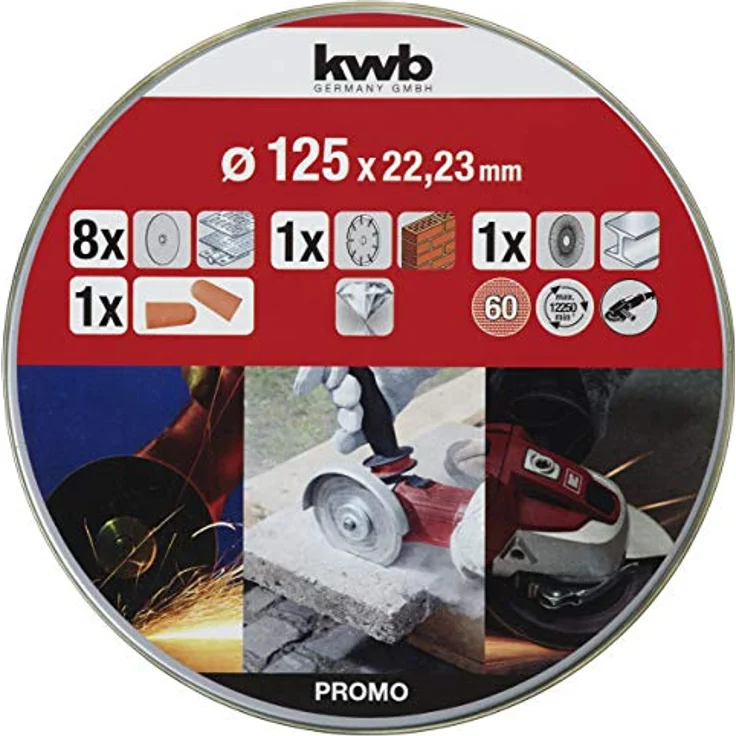 KWB 712042 Dünn Diamant-Trennscheibe für Winkelschleifer 125 mm Flex-Scheibe f. Edel-Stahl INOX in Aufbewahrungs-Dose inkl. Ohrstöpsel und Schleifscheibe ABM. 125 x 1,0 x 22,24 – Bild 2