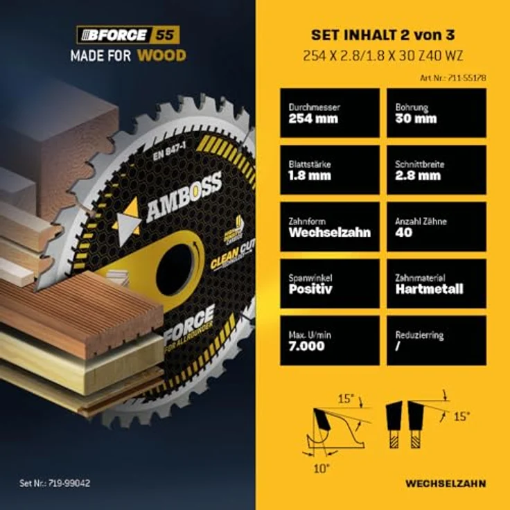 Amboss Werkzeuge 254x30 Tisch- Kreissägeblatt Set für Bosch GTS 10, PTS 10, Festool TKS80 - 3er Set für Holz und Metall Schnitte, Amboss Werkzeuge Qualität, Mehrzweck Sägeblatt Sortiment – Bild 4