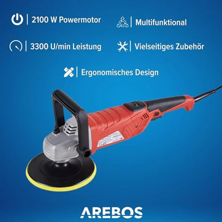 Arebos Poliermaschine Exzenter 2100W, 0-3300 U/min, ergonomisches Design, umfangreiches Zubehör – Bild 3