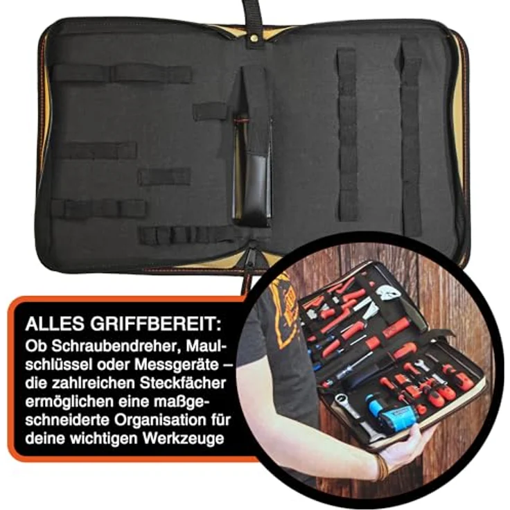 YPC ZipCaddy XL – Werkzeugmappe 31x23x5cm, wasserfest, mit 34 Halteschlaufen und großer Außentasche, in Khaki, Grau oder Blau – Bild 3