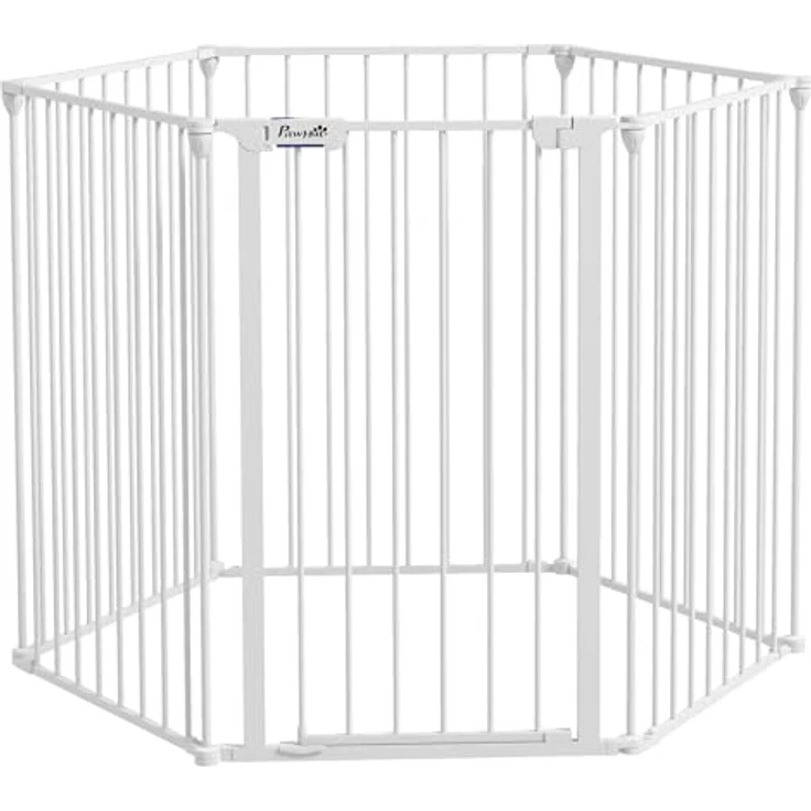 PawHut Welpenauslauf klappbar, 90 cm Hoch, Absperrgitter Hunde, Absperrgitter mit 6 Platten, Freilaufgehege, Freistehendes Kaminschutzgitter, Freigehege für mittelgroße Hunde, Stahl, Weiß – Bild 1
