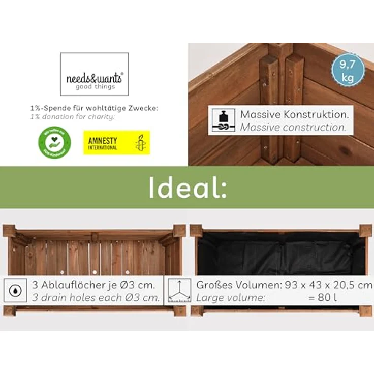 needs&wants® Growy3 Hochbeet aus Holz dunkel-braun, rechteckig schmal mit Vlies-Folie, Metall-Haken, 80 Liter Volumen – Bild 2