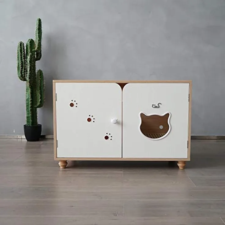 CatS Design Katzentoilette Schrank Eiche-Weiß/Premium Katzenklo Schrank/Katzen Klo inkl. Schaufel, Liegekissen & Anti Rutsch Vorleger