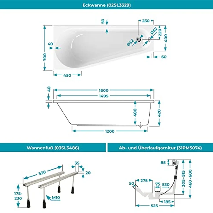 Calmwaters® Raumsparende Eckbadewanne 160x70 cm, Set mit Acrylwanne Essential Small, Wannenfüße, Ab- und Überlaufgarnitur, platzsparende Badewanne rechter Ausführung, 160 x 70 cm, Weiß, 99000326 – Bild 5