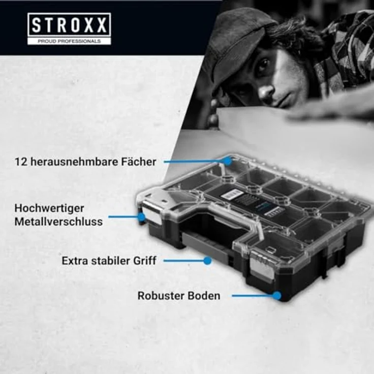 STROXX® Sortimentskasten 454x360x60mm, stapelbare Werkzeugbox mit vielen Fächern, robuster Organizer für Schrauben und Muttern, hohe Tragkraft bis 10 kg – Bild 2