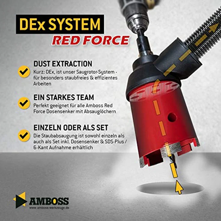 Diamant Dosensenker Ø 82 mm / M16 / DEX System / 90mm Nutzlänge inkl. Absaugung inkl. 6kant Aufnahme und Bohrer - Amboss Red Force Premium für Mauerwerk, Ziegel, Putz, abrasive Materialien – Bild 4