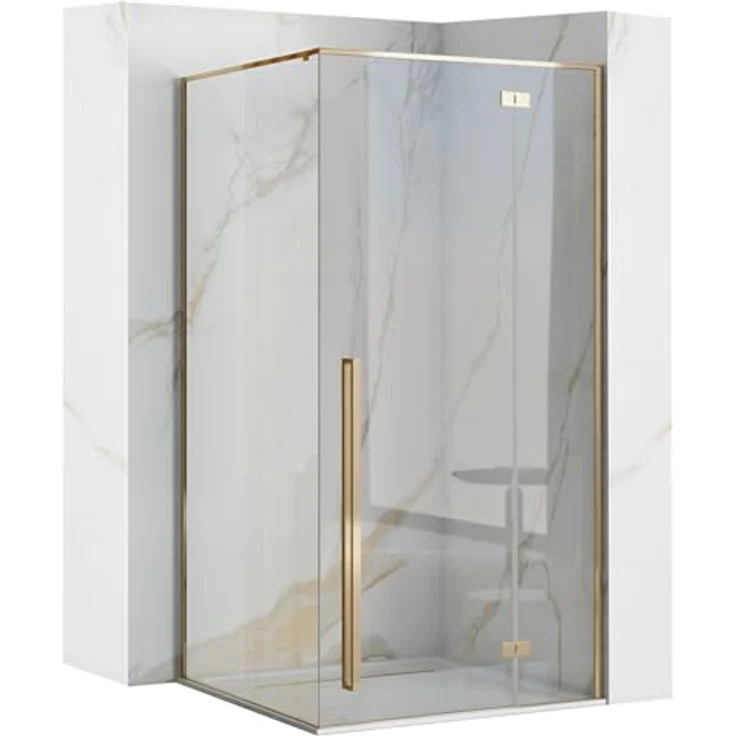 Rea FARGO GOLD Duschkabine 90x90x195 cm, transparentes gehärtetes Sicherheitsglas 6 mm, halboffen, Ecke, ohne Duschwanne, gold – Bild 1