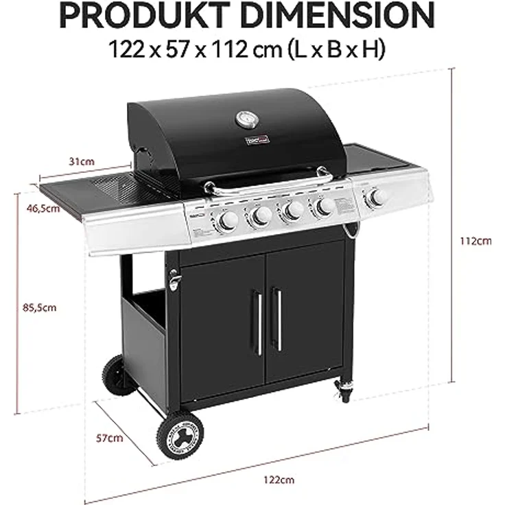 Royal Gourmet 4+1 Brenner Gasgrill Grillwagen mit automatischer Zündung,integriertem Thermometer und Unterschrank Edelstahl Brenner mit 14,5 kW Camping Gasgrill für Outdoor Barbecue Schwarz – Bild 3