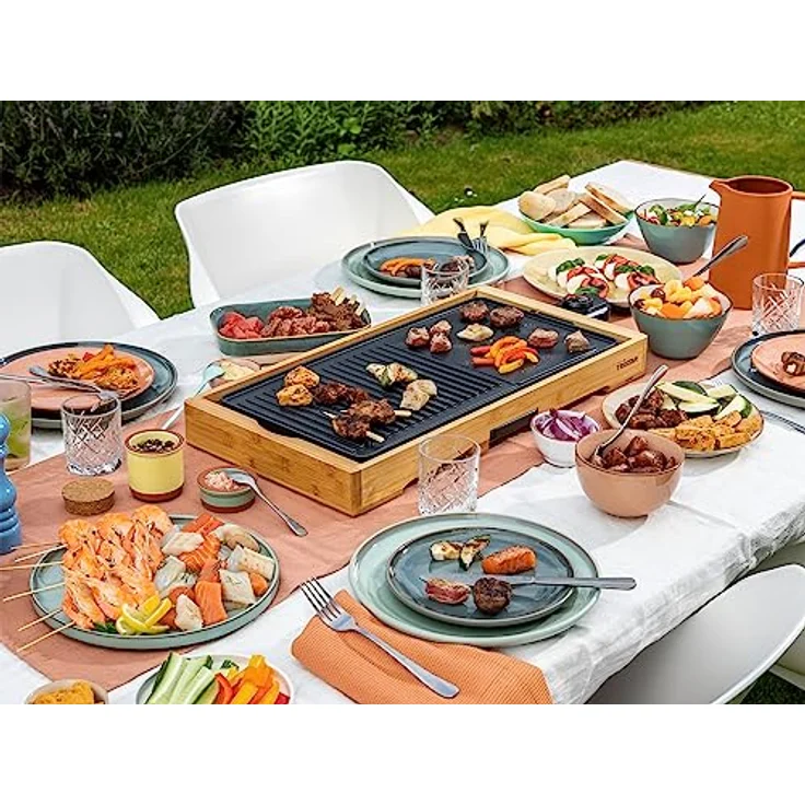 Setpoint Elektro Tischgrill XL Bambus BBQ Grill- & Bratplatte 51x25cm, 2200Watt mit Grillzange – Bild 2