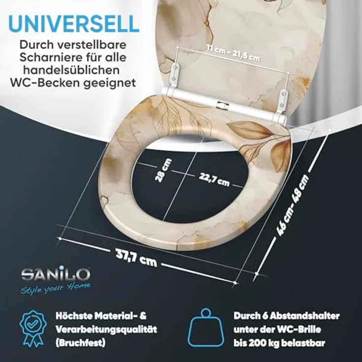 Sanilo WC Sitz Faylora, Toilettensitz mit Absenkautomatik und antibakterieller Beschichtung, bruchfestes Holz, 46-48 cm, 4-seitig bedruckt – Bild 5