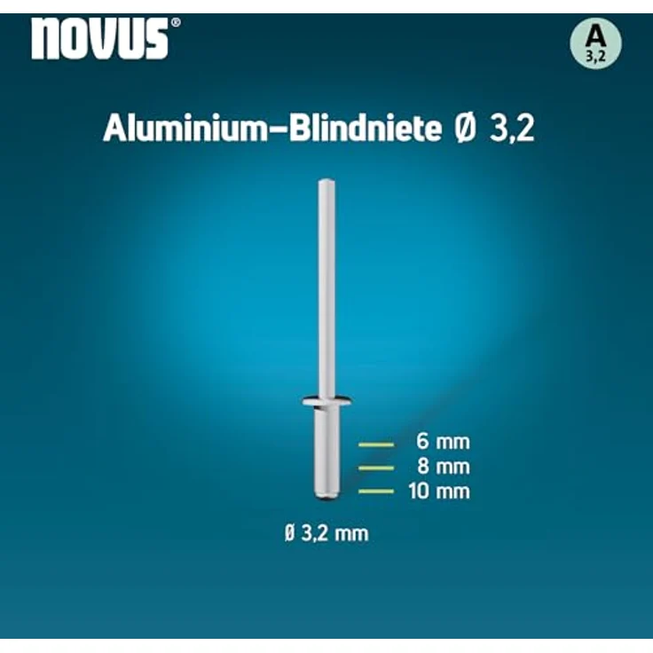 Novus Tools Aluminium-Blindnieten Ø 3,2 mm, 6 mm Länge, 30 Stück, 1,5-3,5 mm Klemmlänge für Nichteisen-Metall, Kunststoff, Leder und Stoffe – Bild 2
