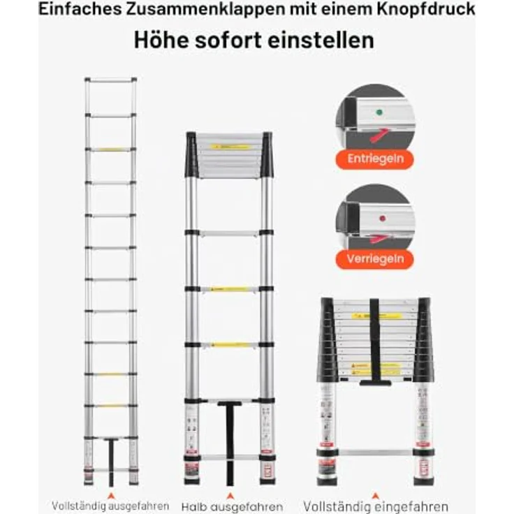 VEVOR Teleskopleiter 3740 mm, Aluminium-Klappleiter mit Ein-Knopf-Auszug, belastbar bis 150 kg, verbreiterte Stufen für sicheren Stand, ideal für Haus, Garten & Dachboden – Bild 4