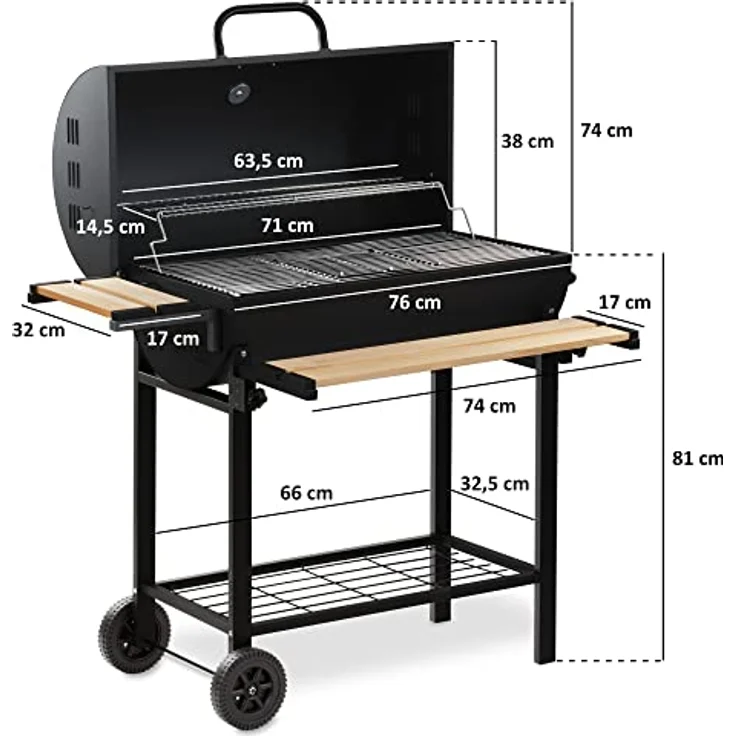BBQ-Toro Holzkohle Grillwagen mit Deckel | Ø 80 x (L) 42 cm | Premium Holzkohlegrillwagen fahrbar, inkl. Thermometer, Warmhalterost, Holz Ablagen | Smoker, Holzkohlegrill, Barbecue Grill (BBQ13) – Bild 3
