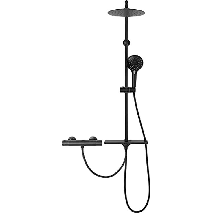 Rea Duschsäulen-Set Mike Black, Messing-Duschsystem mit 25x25 cm Kopfbrause und Thermostat, Aufputzmontage, schwarz – Bild 2