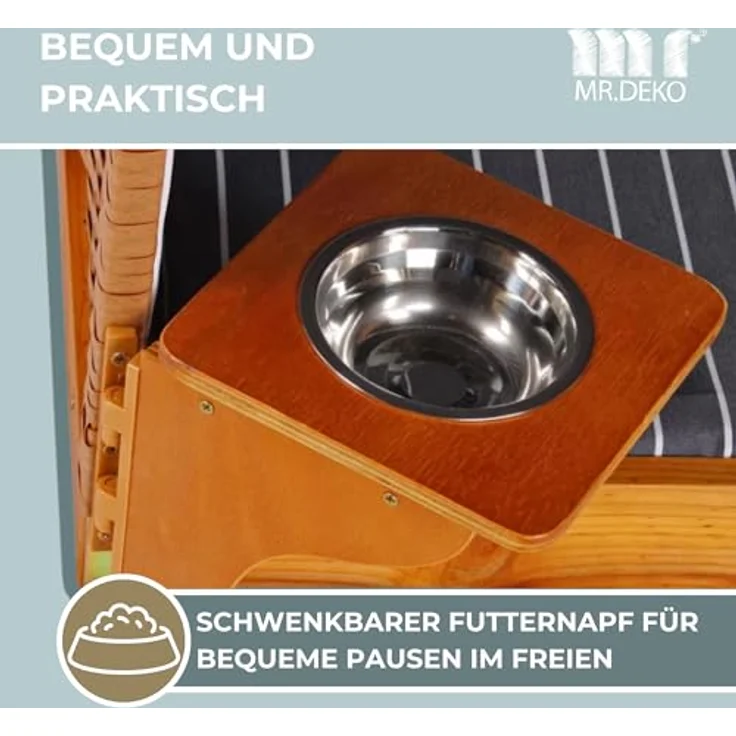 MR. DEKO® Hundestrandkorb Wacholder PE Beige, Dessin blau gestreift, wetterfest mit Sonnenschutz, integrierten schwenkbaren Futternapf und Edelstahlwassernapf, für Hunde und Katzen, Maße 80 x 65 x 95 cm – Bild 3