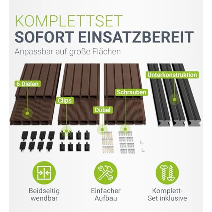 Juskys WPC-Terrassendielen 8 m², 24 Dielen 14.6x220 cm, wetterfest, raue Oberfläche, 330 kg/m² belastbar, Farbe Braun – Bild 3