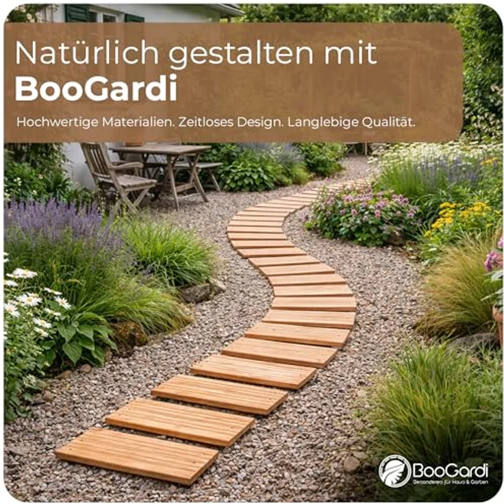 BooGardi Rollweg aus Lärche, mobiler Holzweg 250 cm lang, 30/40/50 cm breit, wetterfest, perfekter Gartenweg, Trittplatten, 8 cm Lattenabstand – Bild 2
