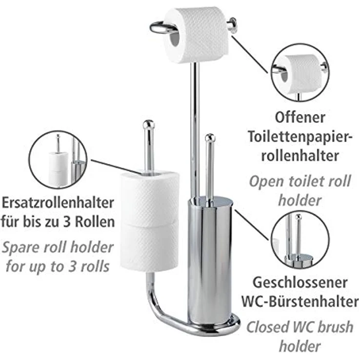 WENKO Stand WC-Garnitur Universalo Chrom, mit integriertem Toilettenpapierhalter und WC-Bürstenhalter, aus verchromtem Stahl, 20 x 62,5 x 23 cm – Bild 2