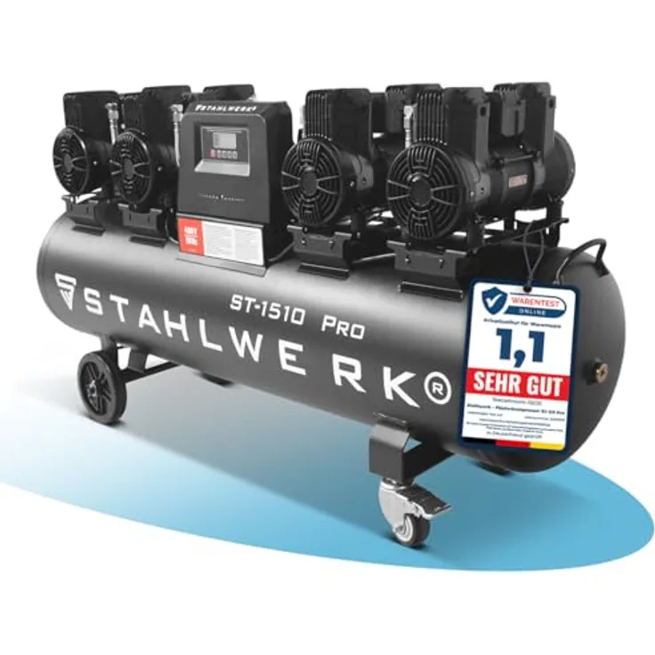 STAHLWERK ST-1510 Pro, Druckluftkompressor mit 10 bar, 150 L Kesselvolumen, 7,89 PS, 1000 l/min, ölfrei, leise mit 72 dB
