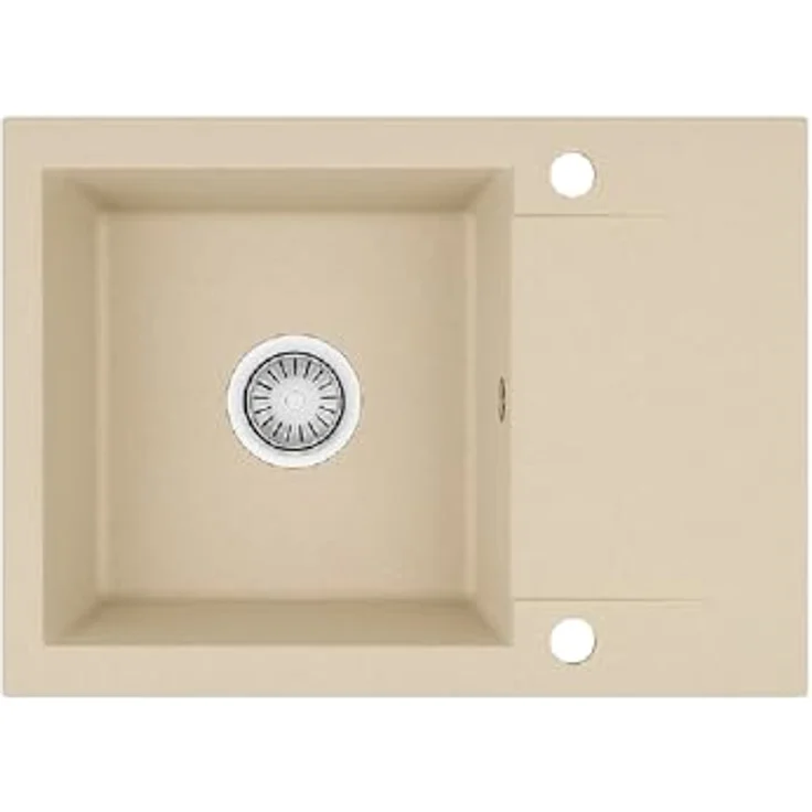 QLS Granit-Küchenspüle LUNA 1-Becken mit Abtropffläche, 59x44 cm, reversibel, automatischer Siphon, für 40 cm Unterschrank, beige, matt, kompakt – Bild 1