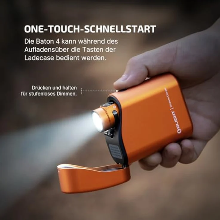 OLIGHT Baton 4 Kit, LED Taschenlampe aufladbar mit 1300 Lumen, 190 Tagen Laufzeit, 170m Leuchtweite, IPX8 wasserdicht, dimmbares Ladecase, orange – Bild 4