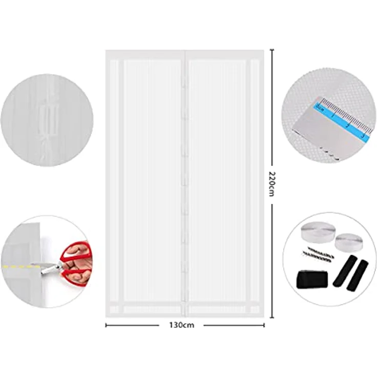 Sekey Magnet Fliegengitter Balkontür ohne Bohren Zuschneidbar, Türvorhang Fliegenschutz, Insektenschutz Tür Vorhang mit Verbreitertem Klebeband 130x220cm, Weiß – Bild 2