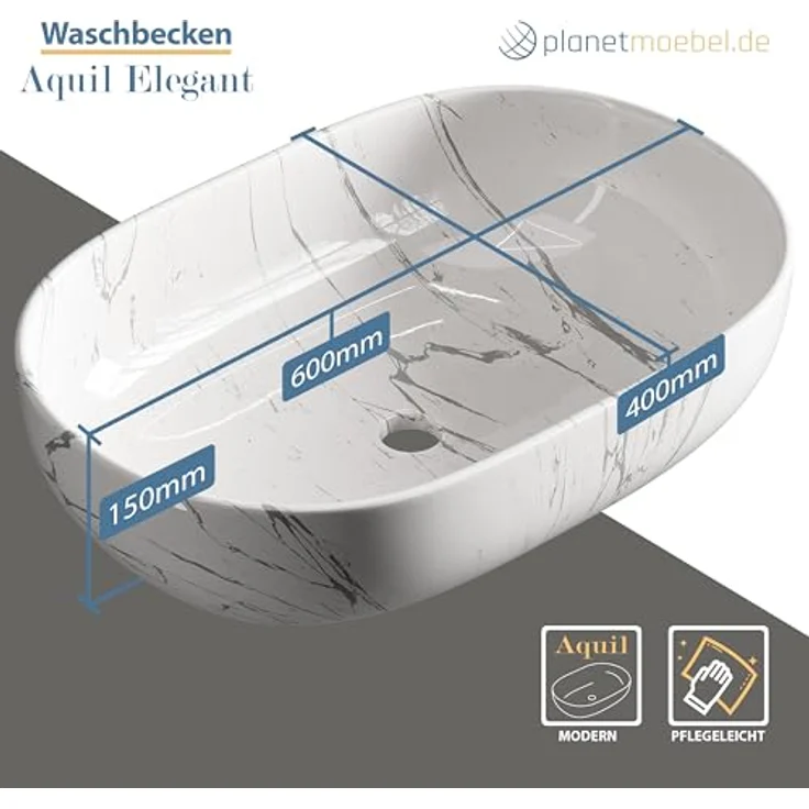 Planetmöbel Aufsatzwaschbecken Aquil Deluxe, 60 cm oval, marmor weiß, hochglänzend für Waschtisch – Bild 5
