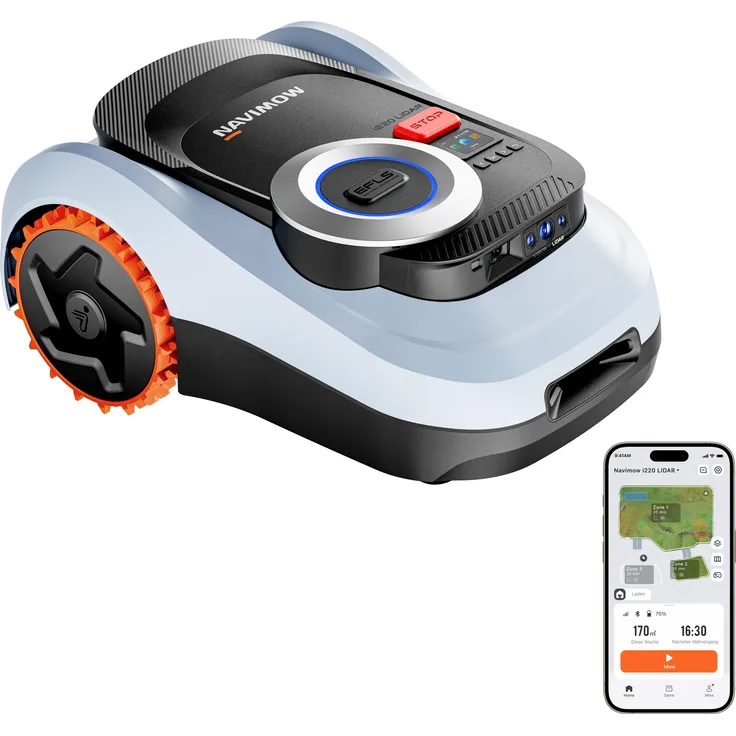 NAVIMOW Navimow i220 LiDAR Mähroboter für 2000 m², Geländereifen für Hänge bis 45 % Neigung, LiDAR und Vision Dual System, Automatisches Ein-Tipp-Kartieren, schwarz, orange, blau
