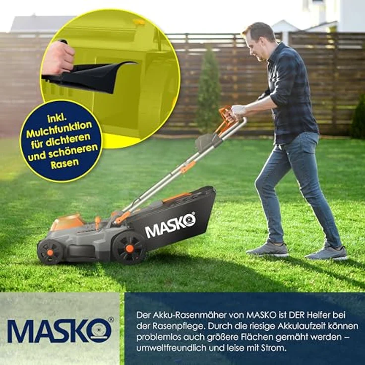 MASKO Akku Rasenmäher ECO-X10 inkl. 2X Akkus Li-Ion Batterie 4 Ah & Doppel-Ladegerät – Rasentrimmer Schnittbreite, 25-75mm Schnitthöhenverstellung Schwarz - Orange, Schnittbreite 43cm – Bild 5