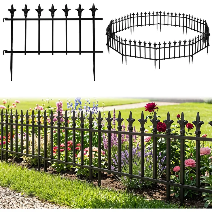 KOMFOTTEU dekorativer Gartenzaun Metall, 56 x 44 cm, faltbarer Steckzaun mit Fleur-de-Lis Verzierungen, schwarz, 10 Elemente