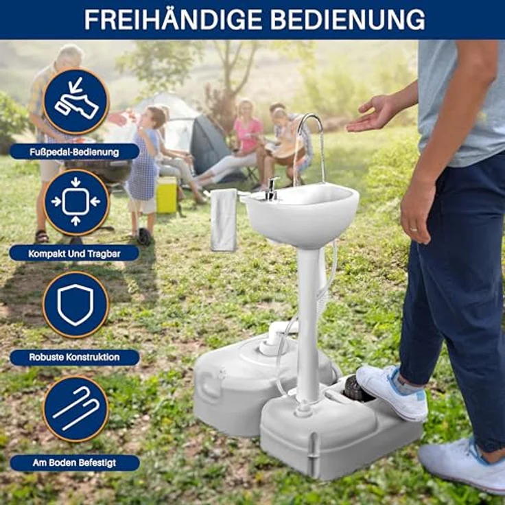 SereneLife Mobiles Camping Waschbecken - Tragbar mit 17L Wassertank & 24L Abwassertank, Fußpumpe, Handtuchhalter, Edelstahl-Wasserhahn, 3L Seifenspender, Räder - für Garten - Hochdichtes Polyethylen – Bild 3