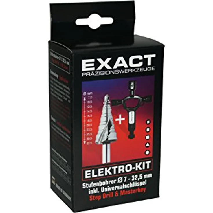 Exact 70606 HSS Stufenbohrer Zylinderschaft, Spiralnute Ø 7-32,5 mm mit Universalschlüssel