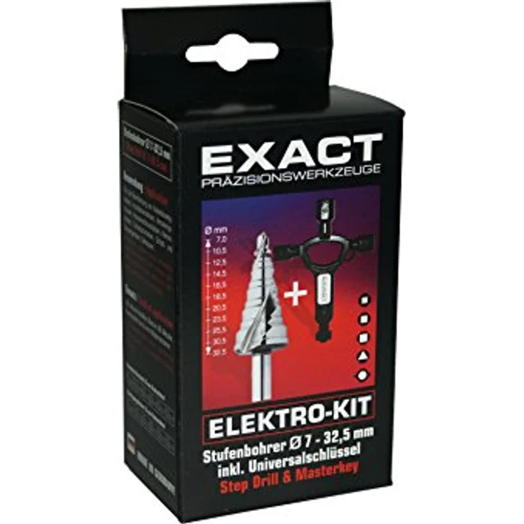 Exact 70606 HSS Stufenbohrer Zylinderschaft, Spiralnute Ø 7-32,5 mm mit Universalschlüssel – Bild 1