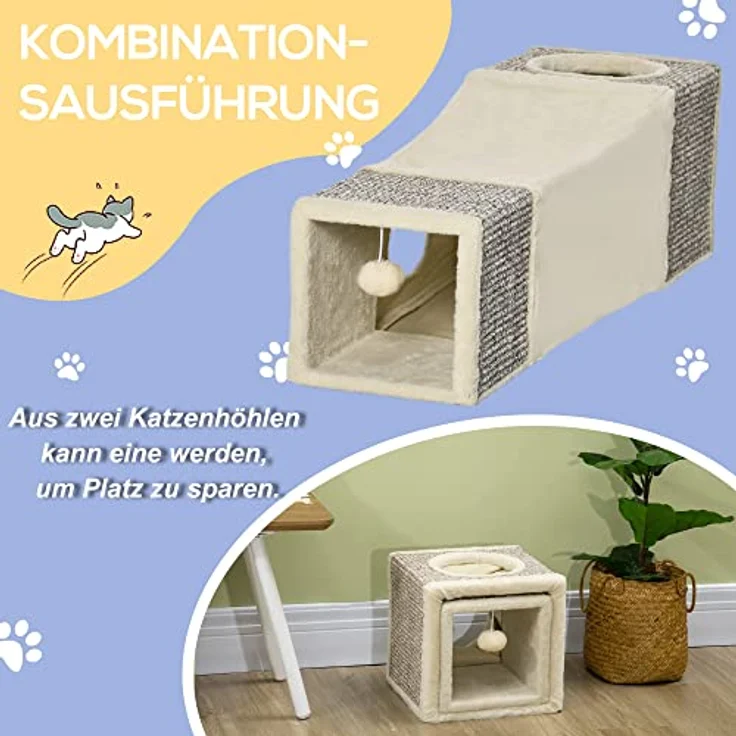 PawHut Katzentunnel, Katzenspielzeug mit Spielball, Katzenhöhle, Faltbarer Spieltunnel aus Sisal, Kombiniertes Design, Braun+Beige, 98 x 30 x 30 cm – Bild 4
