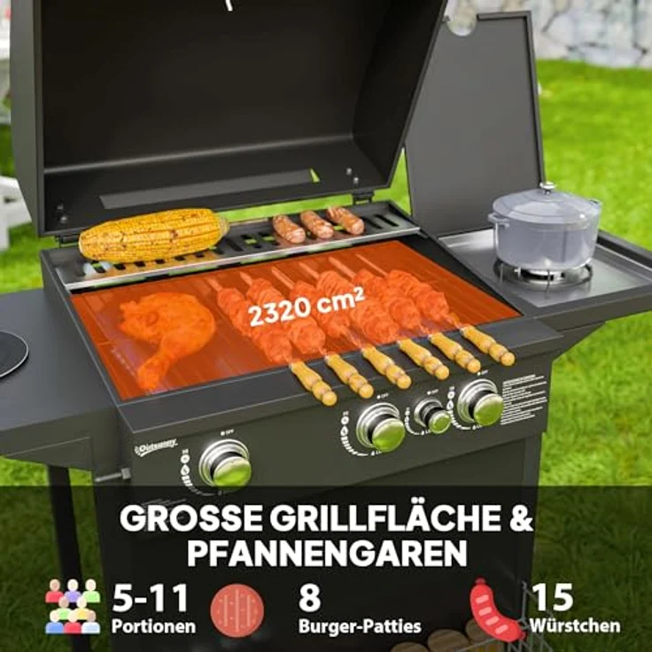 Outsunny Gasgrill BBQ 9,5 KW Grillwagen, 4 Brenner, Seitenkocher, 2 Heizzonen, Thermometer, 123x57x98 cm, für Balkon und Garten – Bild 3