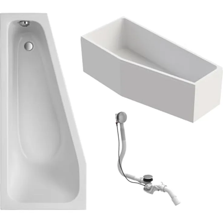 Schulte Raumsparbadewanne Riva, links, Weiß Sanitäracryl, 170x75 cm, inkl. Hartschaum-Wannenträger + Ab- und Überlauf