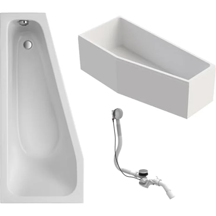 Schulte Raumsparbadewanne Riva, links, Weiß Sanitäracryl, 170x75 cm, inkl. Hartschaum-Wannenträger + Ab- und Überlauf – Bild 1
