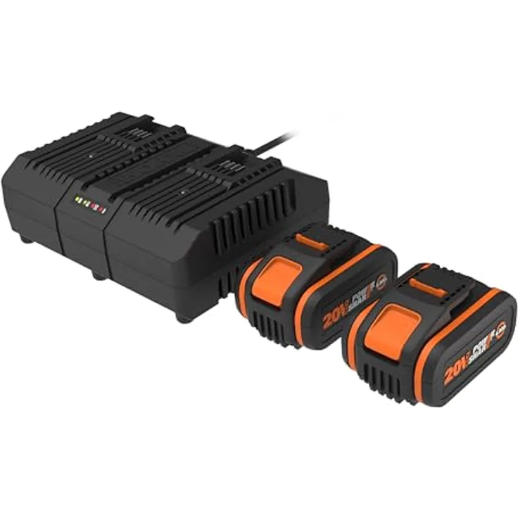 WORX WA3611, 2er-Pack 20V 4Ah Akkus mit 2A Doppelladegerät, kompatibel mit PowerShare Werkzeugen