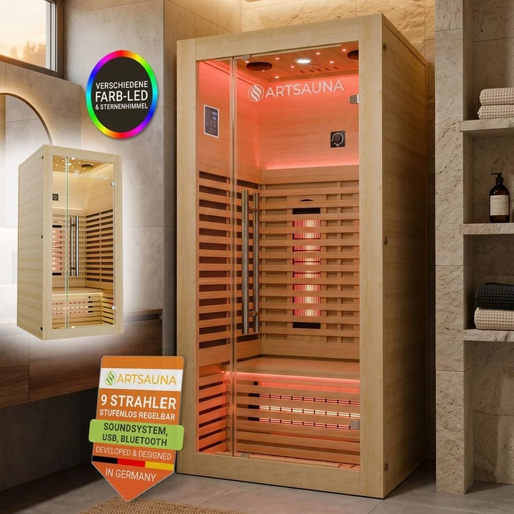 Artsauna Infrarotkabine Trondheim90, Dual-Technik mit dimmbaren Rückenstrahlern, 1 Person, LED-Beleuchtung in Naturholz