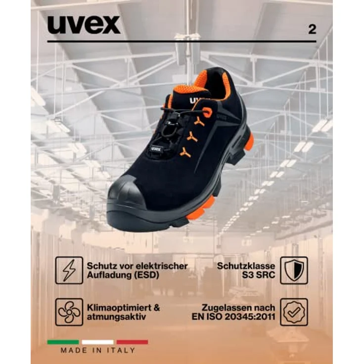 Uvex 2 Halbschuhe S3, Sicherheitsschuhe mit metallfreier Zehenschutzkappe, schwarz-orange, Weite 12, Größe 45 – Bild 5