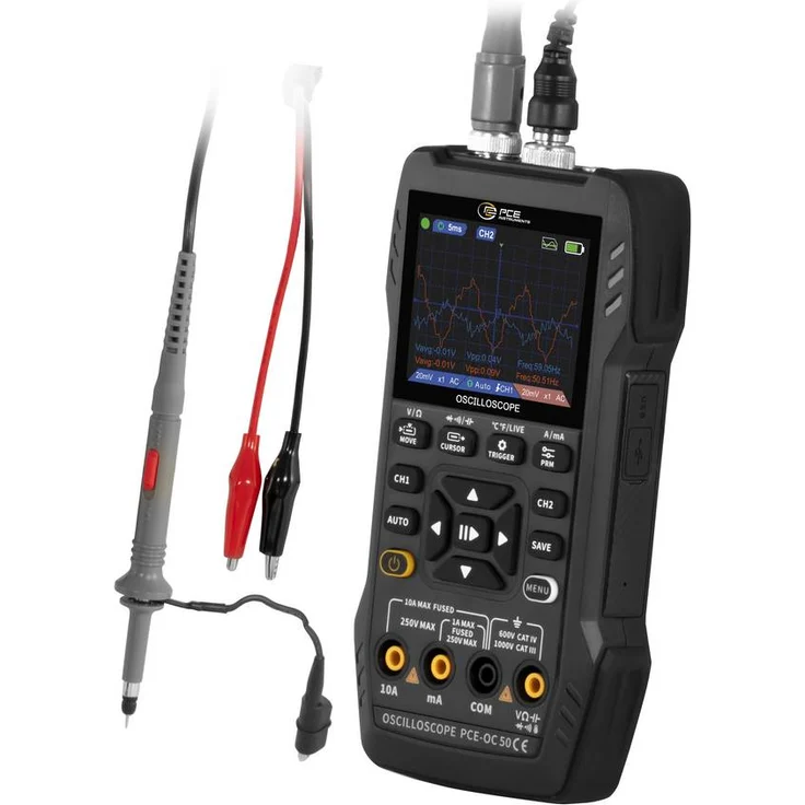 PCE Instruments PCE-OC 50, 3-in-1 Oszilloskop mit 2 Kanal, 2000000 Hz, 50 MS/s, Multimeter-Funktionen und Signalgenerator, grau