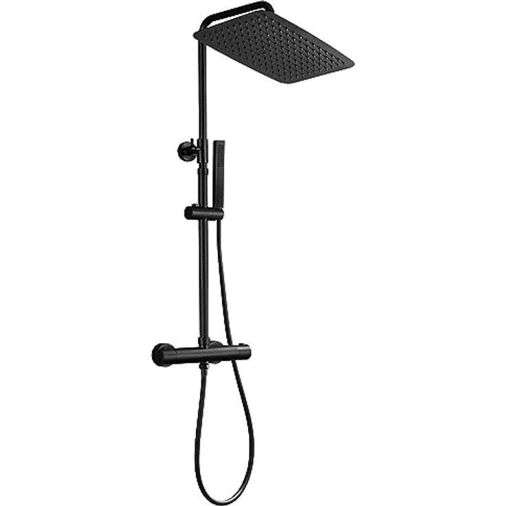 JOHO Thermostat Duschsystem, Regenduschset mit XXL Kopfbrause 35x25cm, Thermostatarmatur, matt schwarz, intelligente Temperaturkontrolle, höhenverstellbare Duschstange aus Edelstahl – Bild 1