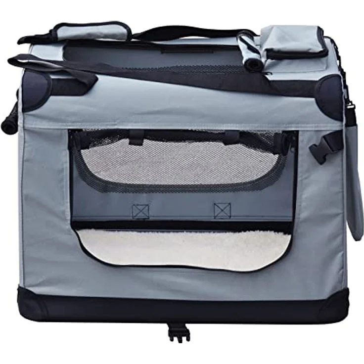 Fudajo Faltbare Transportbox für Hunde, Katzen XXL (90x63x63cm), robust, leicht, sicher, mit Tragegriff und Decke, Grau – Bild 2