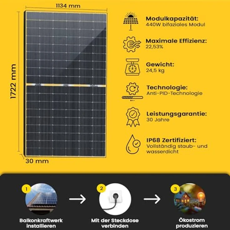 EPP.Solar® 880W Balkonkraftwerk 800W komplett Steckdose Bifaziale Glas/Glas Solarmodule - Upgradebarer Growatt NEO Wechselrichter 800W, 2x440W, Solaranlage Komplettset – Bild 3