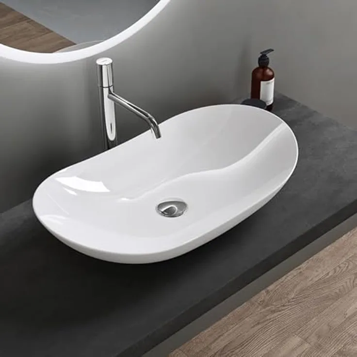 doporro® Aufsatzwaschbecken Waschschale BxTxH 63x36x14cm Weiß Glänzend Waschbecken aus Keramik inkl. Nano-Versiegelung Brüssel858