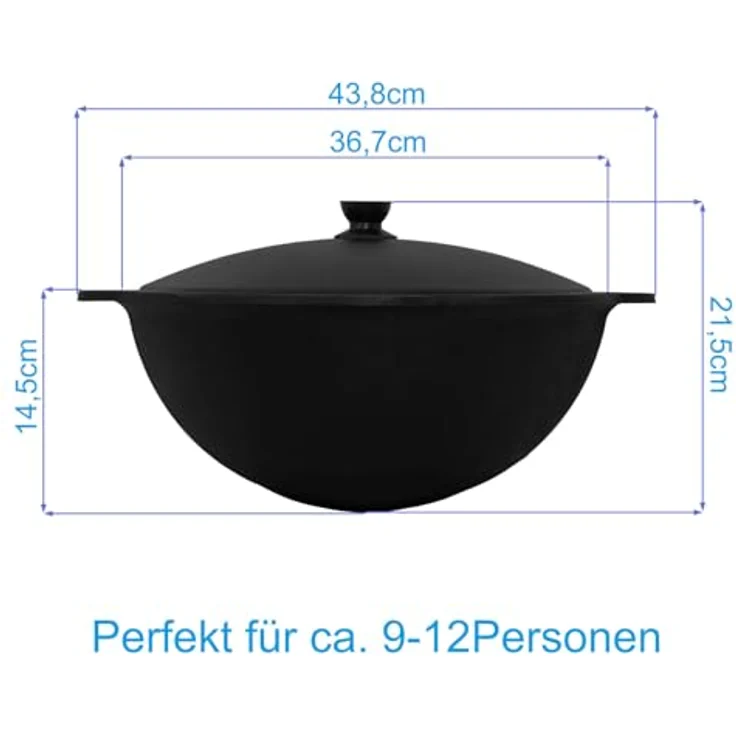 4BIG.fun Wok Gusseisen 10 L (rund) Kazan mit Schaumkelle NAMANGAN Uzbek Asia WOK Cast Iron Camping Usbek Grillwok Gusstopf - Aluminiumdeckel - Schwarz – Bild 3