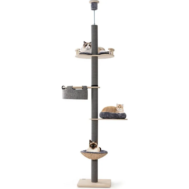 KOMFOTTEU Kratzbaum, 5-stufiger Katzenkratzbaum für Katzen, höhenverstellbar (Grau/Natur)